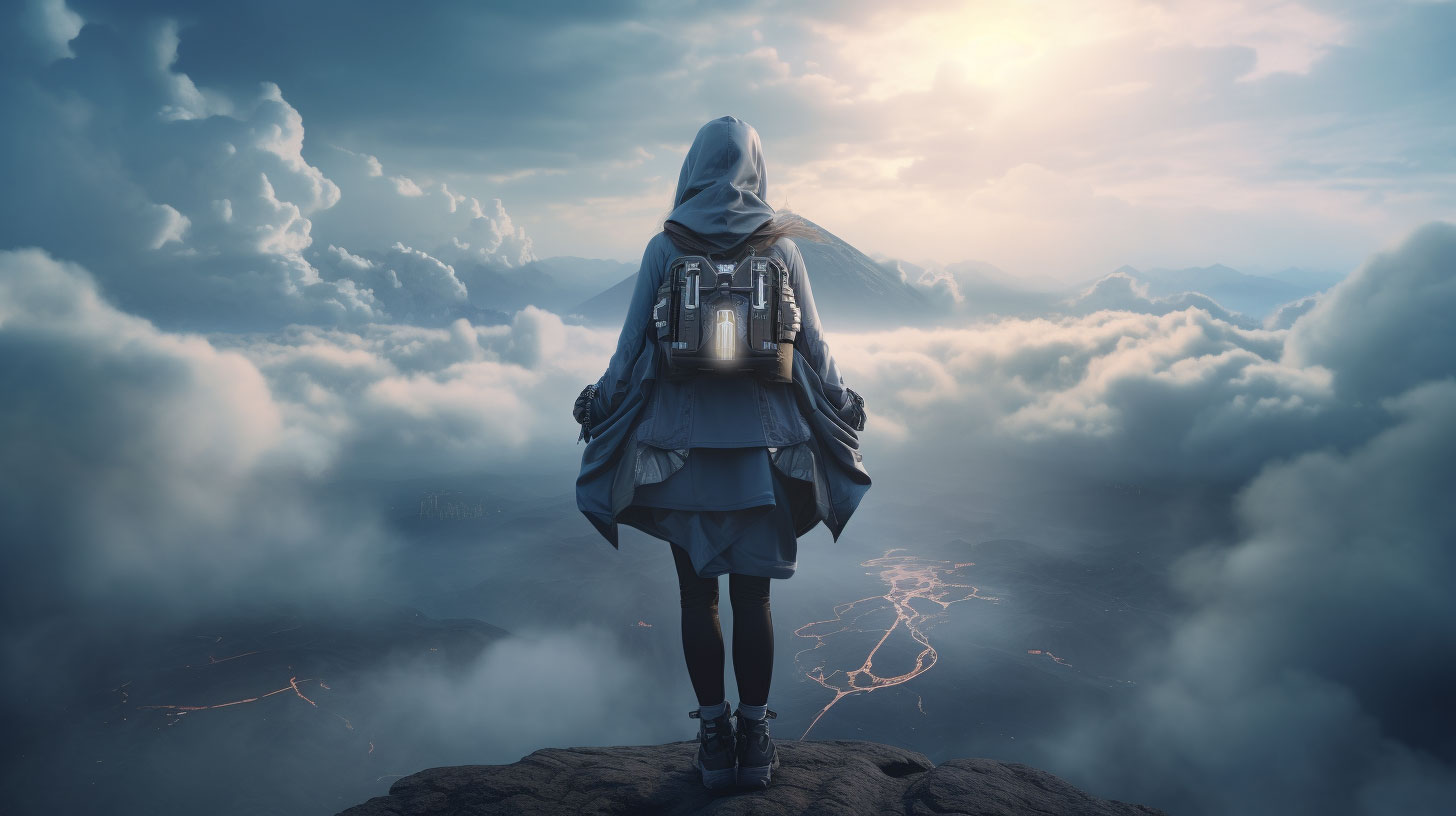 Frau in moderner Zukunftskleidung mit Rucksack steht auf einem Berggipfel über den Wolken – in Anlehnung an das Gemälde von Caspar David Friedrich. Sie blickt in eine weite, lichtdurchflutete Landschaft. Symbol für Aufbruch und neue Perspektiven.